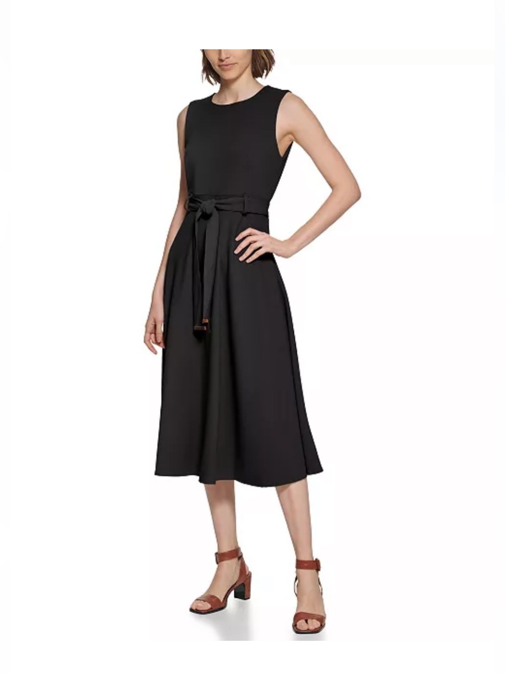 Calvin Klein Black Sleeveless Tie-Waist Midi Dress Size 8 NWT